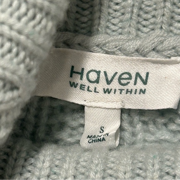 Haven Well Within 100% Cashmere Cable Knit Turtleneck Sweater Seafoam, Small - Picture 4 of 7